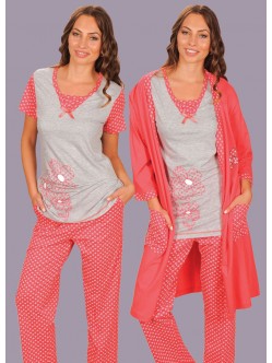 Sabahlıklı kısa kol puantiye desenli bayan pijama takım