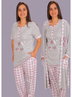 Sabahlıklı kısa kol kalp desenli düğmeli bayan pijama takım