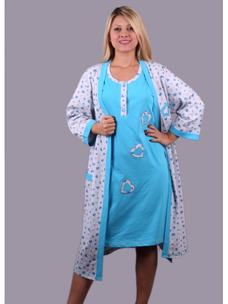 Sabahlıklı kısa kol kalp desenli 2 parça pijama takım