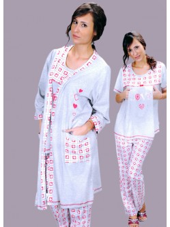 Sabahlıklı kısa kollu kalp desenli 3 parça lohusa pijama takım