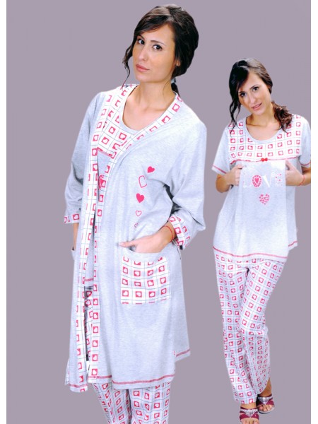 Sabahlıklı kısa kollu kalp desenli 3 parça lohusa pijama takım