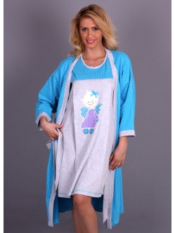 Sabahlıklı, kısa kollu puantiye desenli 2 parça lohusa pijama takım