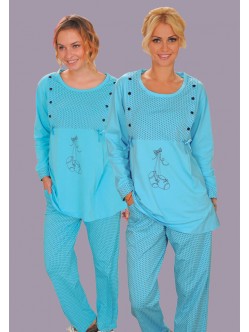 Uzun kollu yandan düğmeli puantiyeli lohusa 2 parça pijama takım
