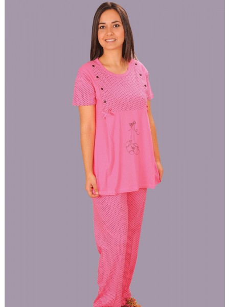 Kısa kollu yandan düğmeli puantiyeli lohusa pijama takım
