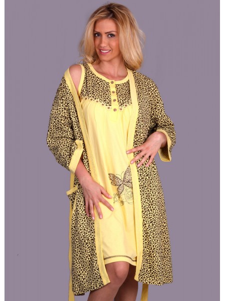 Sabahlıklı, kolsuz leopar desenli 2 parça pijama takım