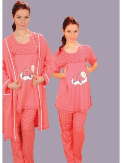 Sabahlıklı, kısa kol dantel biyeli 3 parça lohusa pijama takım