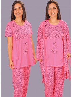 Sabahlıklı, kısa kollu yandan düğmeli puantiyeli 3 parça lohusa pijama takım