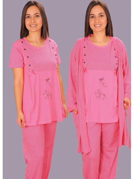 Sabahlıklı, kısa kollu yandan düğmeli puantiyeli lohusa pijama takım