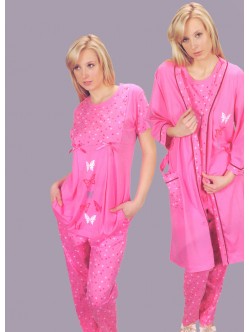 Sabahlıklı, kısa kol kelebek desenli 3 parça lohusa pijama takım