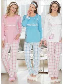 Uzun kollu yandan düğmeli ekoseli lohusa pijama takım